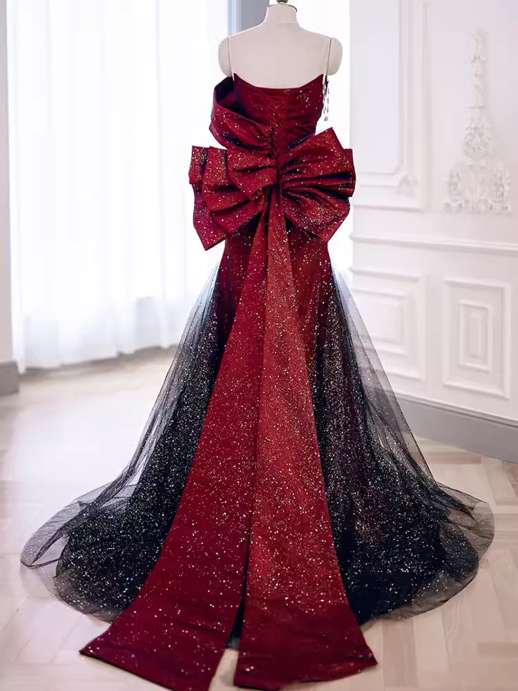Mermaid Strapless Long Burgundy Prom Dress