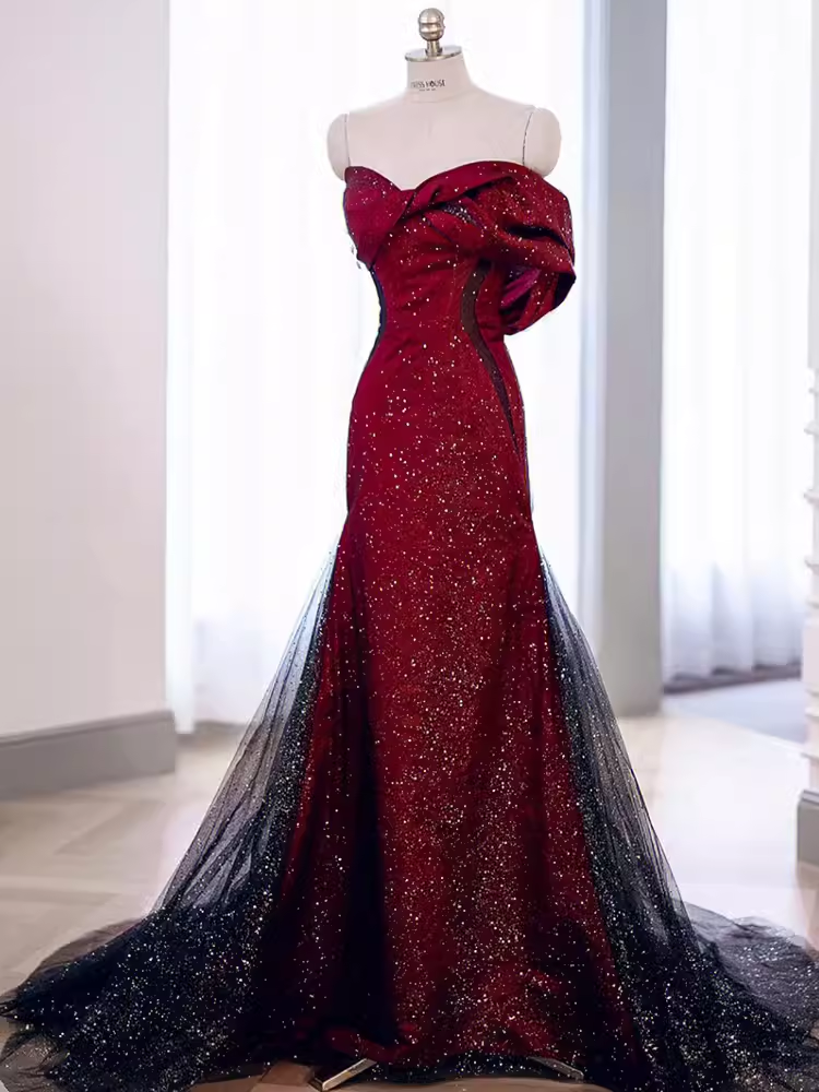 Mermaid Strapless Long Burgundy Prom Dress Main image