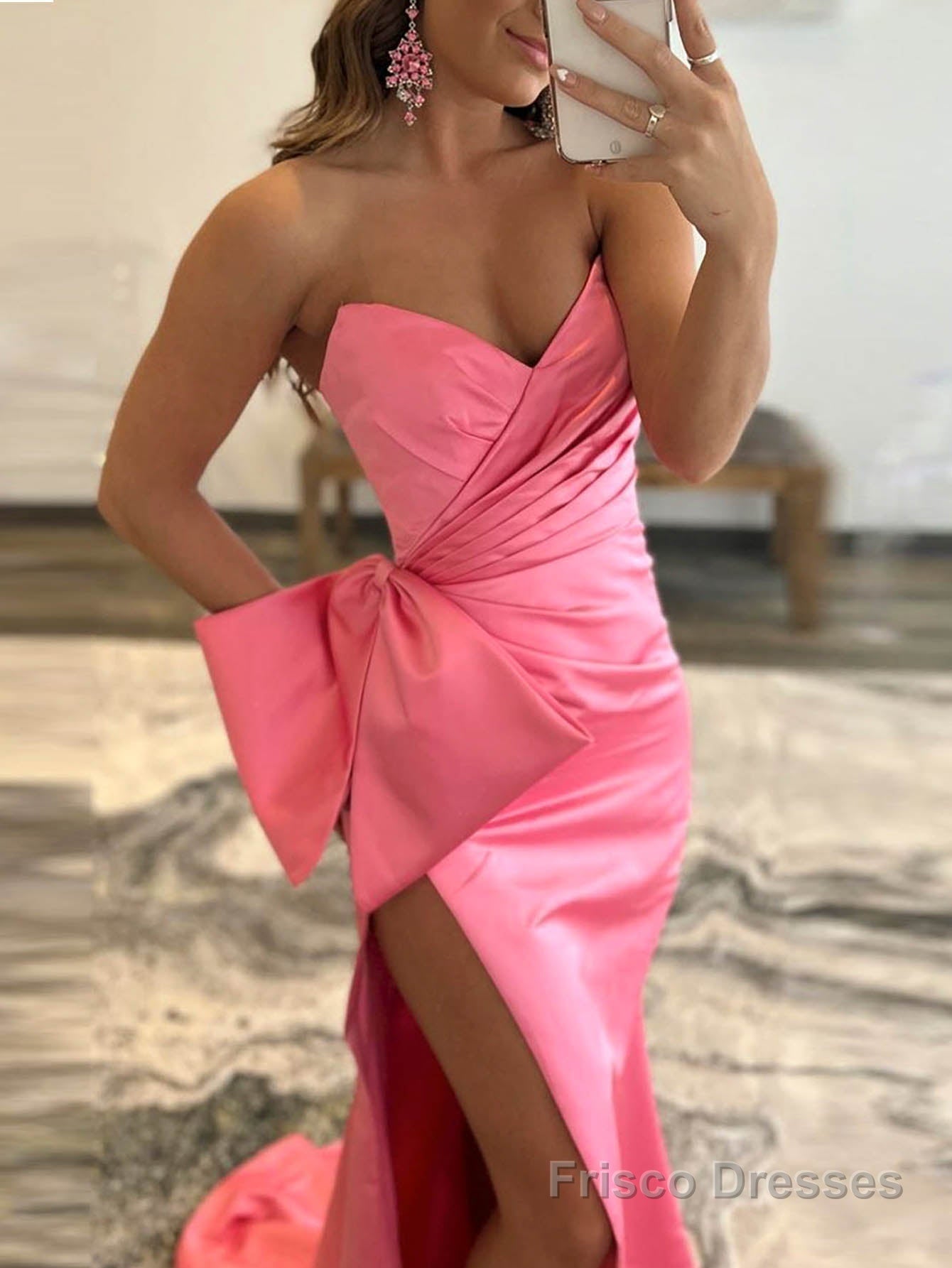 Mermaid Strapless Long Satin Prom Dress with bow tie