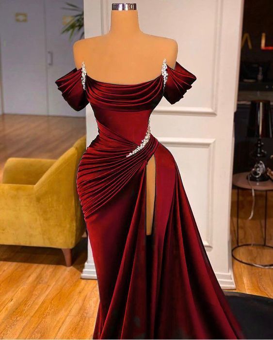 Mermaid Strapless Burgundy Long Slit Prom Dress Evening Dresses Main image