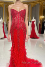 Mermaid Strapless Sequin-Embroidered Long Formal Prom Dress with Feathers