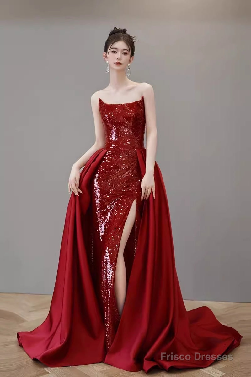 Mermaid Strapless Sequin Red Prom Dresses Long Evening Dress