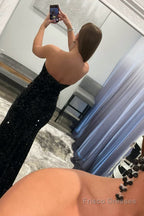 Mermaid Strapless Sequins Long Prom Dress with Slit