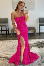 Mermaid Strapless Sequins Long Prom Dress with Slit