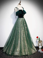 Green Straps Velvet Long Lace Prom Dresses