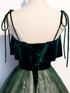 Green Straps Velvet Long Lace Prom Dresses