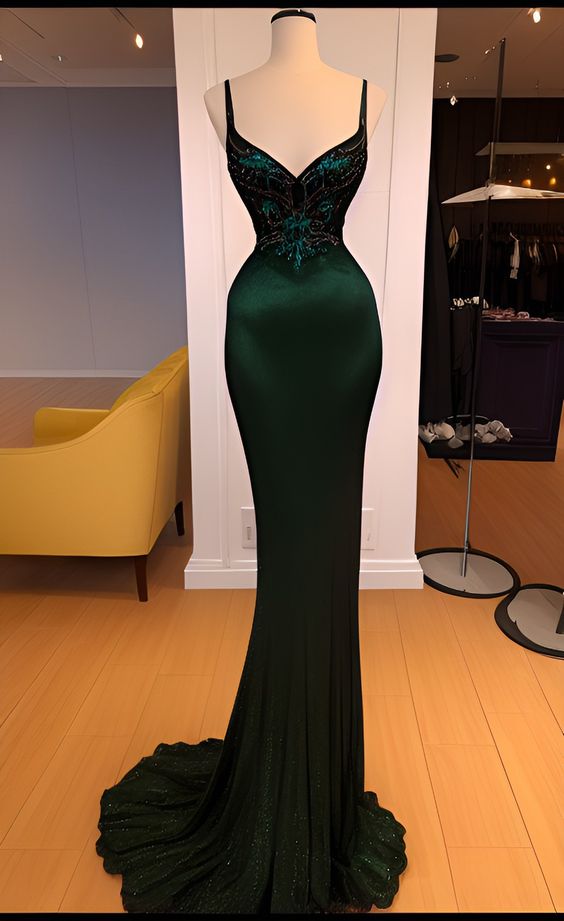 Mermaid Straps Dark Green Satin Long Prom Dresses Main image