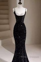 Mermaid Straps Long Black Sequin Formal Prom Dress