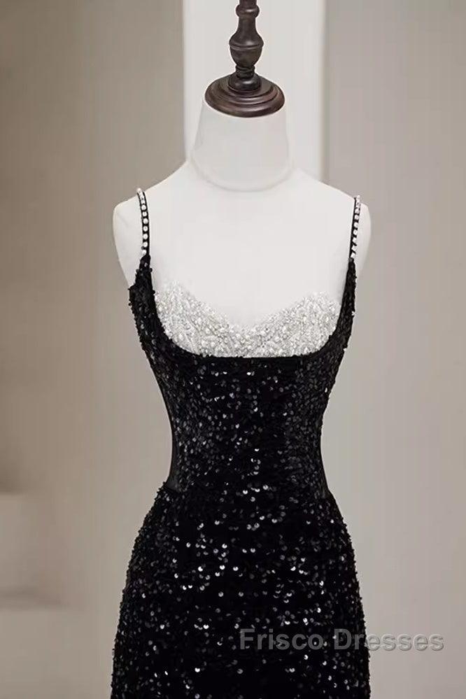 Mermaid Straps Long Black Sequin Formal Prom Dress