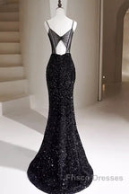 Mermaid Straps Long Black Sequin Formal Prom Dress