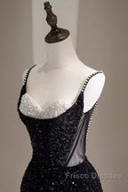 Mermaid Straps Long Black Sequin Formal Prom Dress