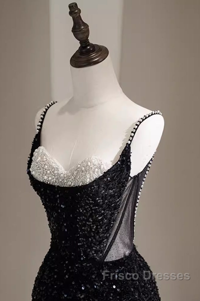 Mermaid Straps Long Black Sequin Formal Prom Dress