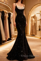 Mermaid Straps Long Black Sequin Formal Prom Dress