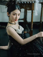 Mermaid Straps Long Black Sequin Slit Prom Dresses