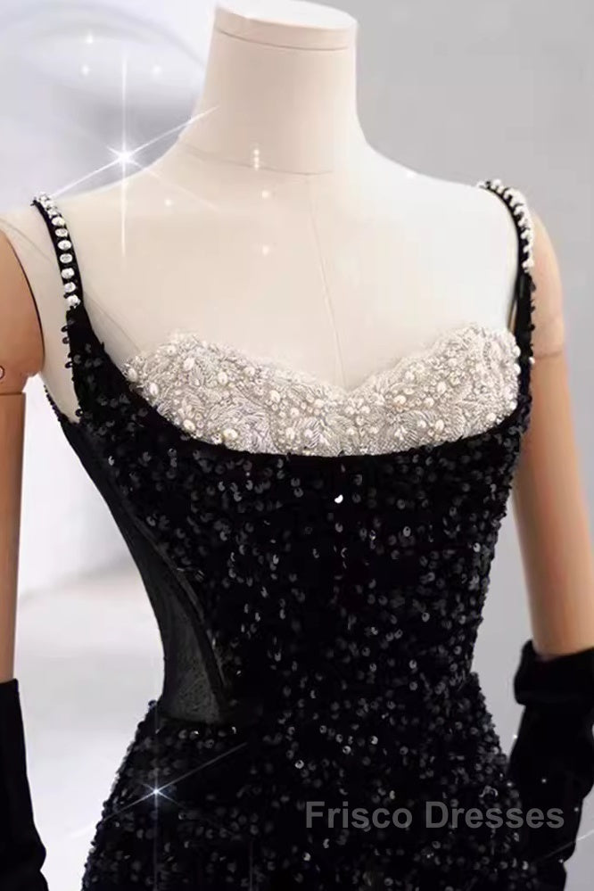 Mermaid Straps Sequin Black Backless Long Formal Prom Dress