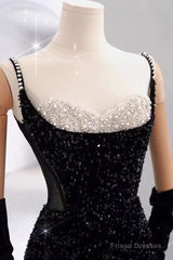 Mermaid Straps Sequin Black Backless Long Prom Dresses