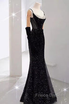 Mermaid Straps Sequin Black Backless Long Formal Prom Dress