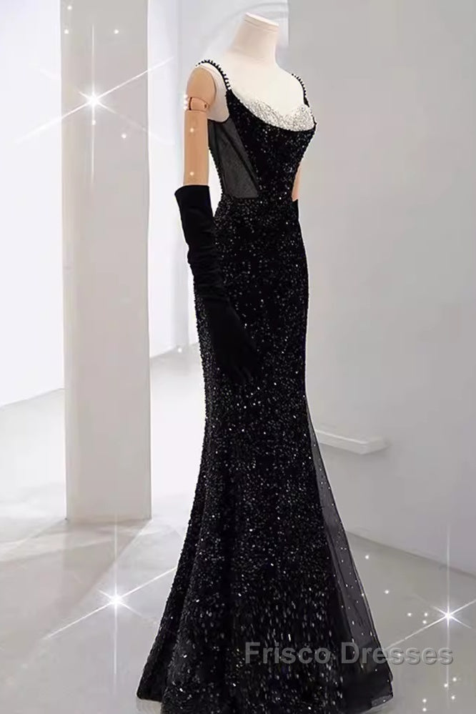 Mermaid Straps Sequin Black Backless Long Formal Prom Dress