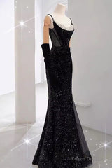 Mermaid Straps Sequin Black Backless Long Prom Dresses