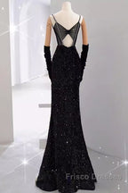 Mermaid Straps Sequin Black Backless Long Formal Prom Dress