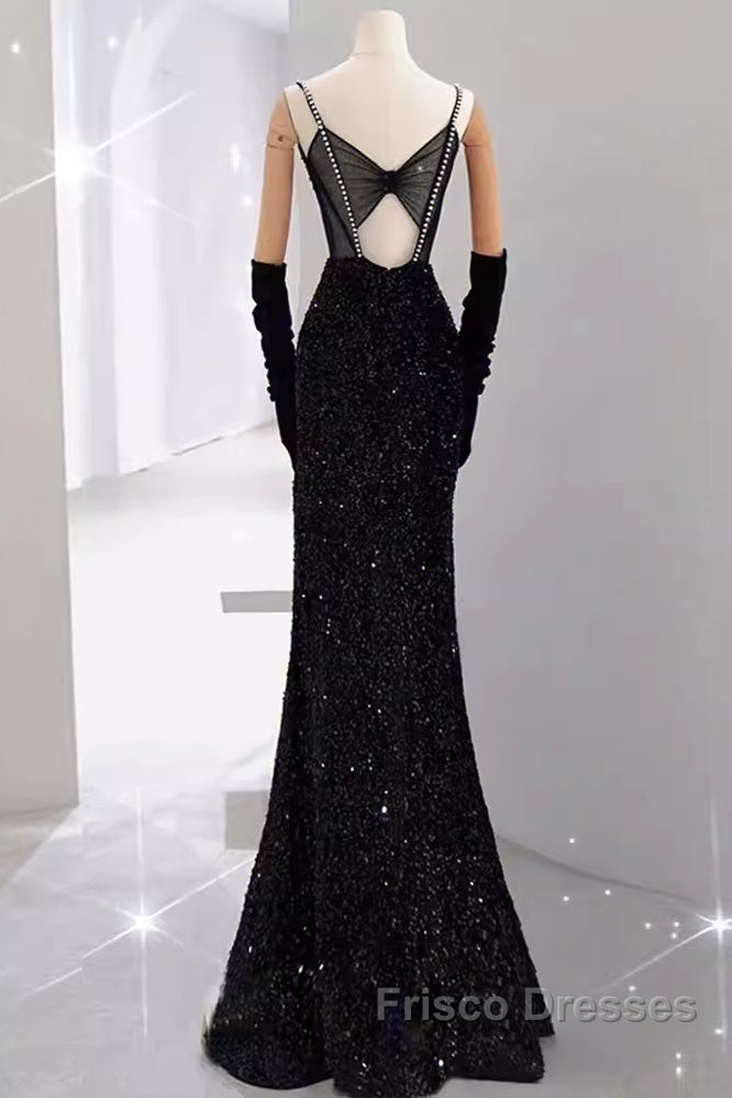 Mermaid Straps Sequin Black Backless Long Formal Prom Dress