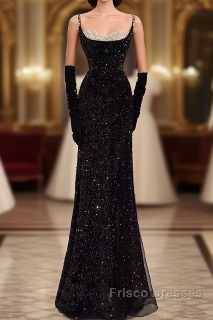 Mermaid Straps Sequin Black Backless Long Formal Prom Dress Main image