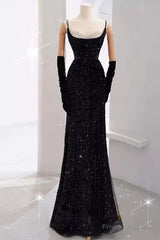 Mermaid Straps Sequin Black Backless Long Prom Dresses