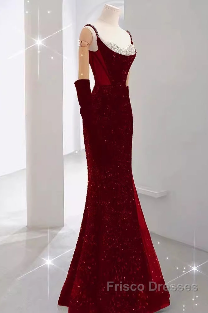 Mermaid Straps Sequin Red Backless Long Formal Prom Dress
