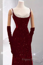 Mermaid Straps Sequin Red Backless Long Formal Prom Dress