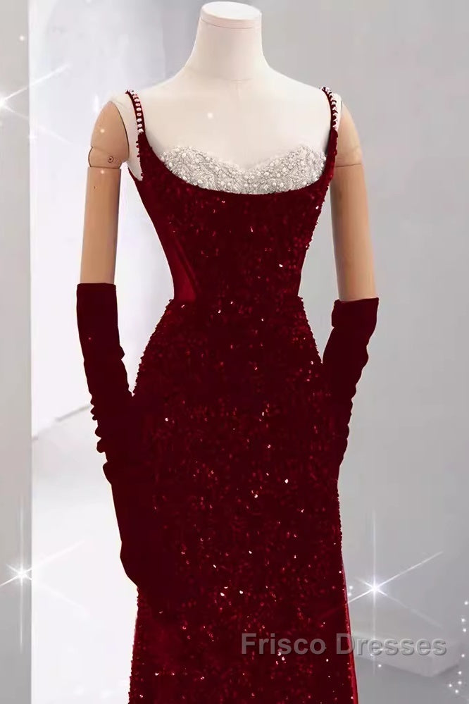 Mermaid Straps Sequin Red Backless Long Formal Prom Dress