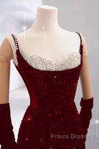 Mermaid Straps Sequin Red Backless Long Formal Prom Dress
