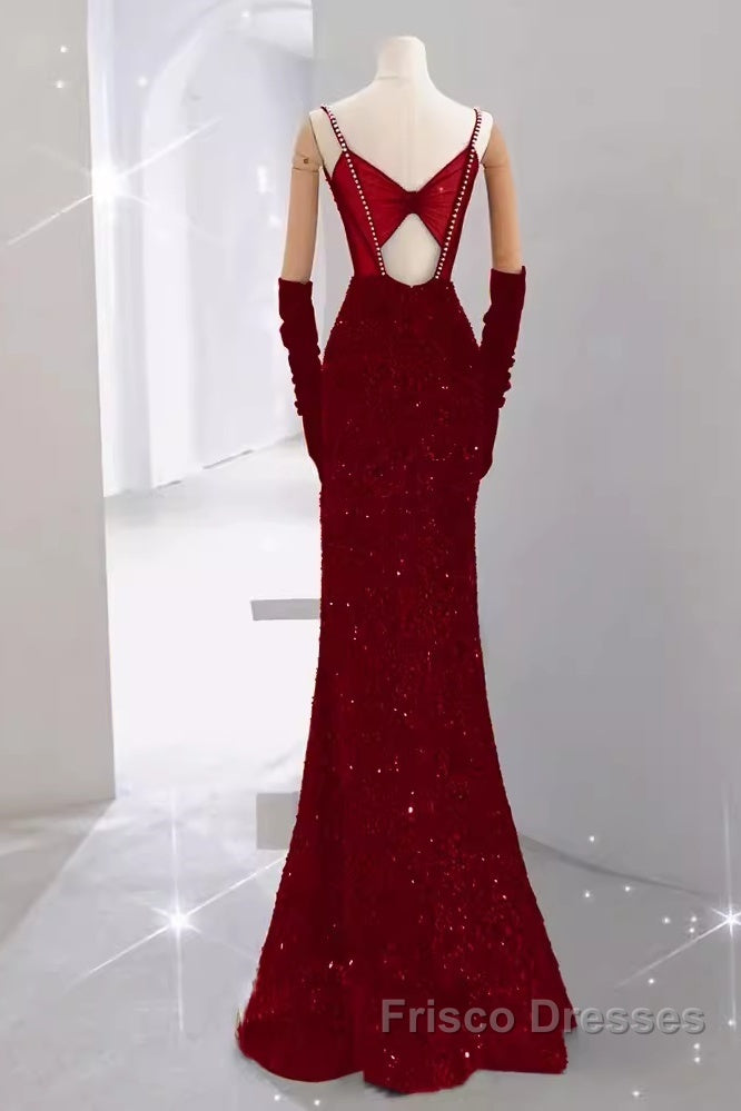 Mermaid Straps Sequin Red Backless Long Formal Prom Dress