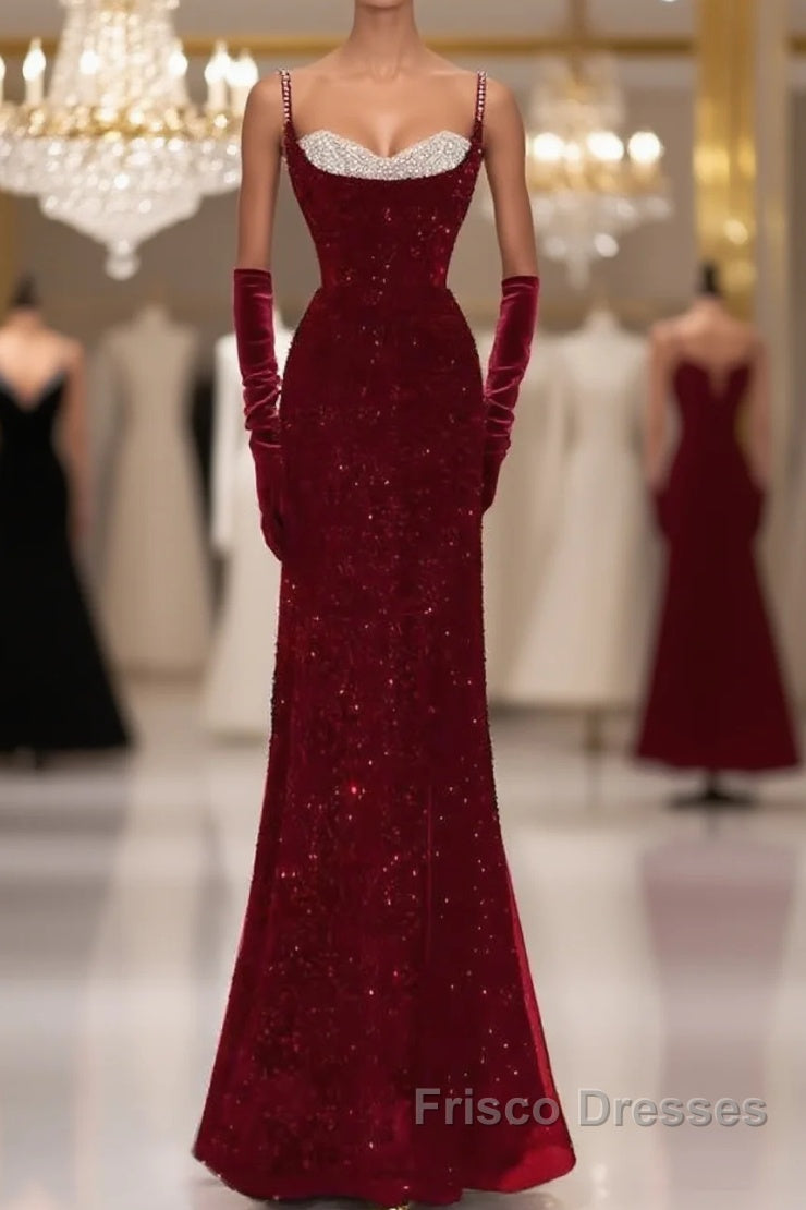 Mermaid Straps Sequin Red Backless Long Formal Prom Dress Main image