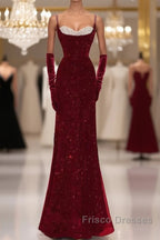 Mermaid Straps Sequin Red Backless Long Formal Prom Dress