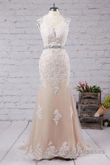 Mermaid Sweep Train Open Back Tulle Formal Prom Appliques Wedding Dress