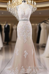 Mermaid Sweep Train Open Back Tulle Formal Prom Appliques Wedding Dress