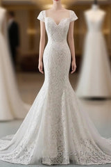 Mermaid Sweetheart Lace Long Wedding Dress Bride Gown Cap Sleeves