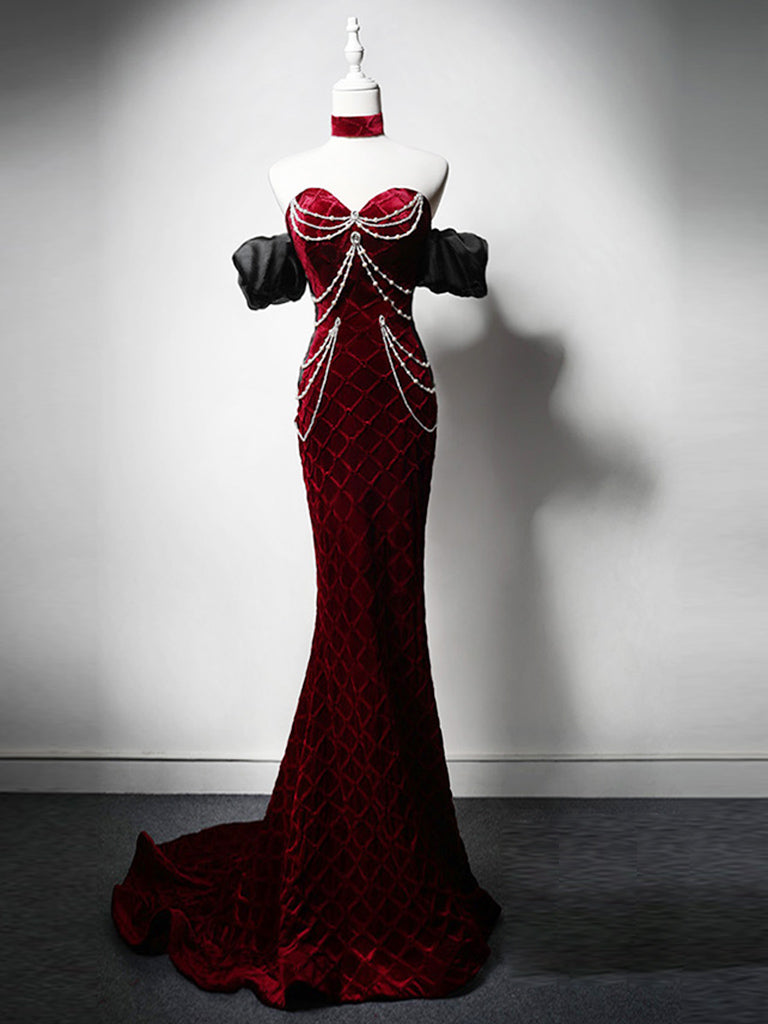 Mermaid Sweetheart Neck Velvet Beads Burgundy Long Prom Dress Main image