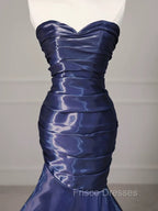 Mermaid Sweetheart Neck Water Satin Dark Blue Long Formal Prom Dress, Dark Blue Formal Dress
