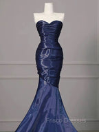 Mermaid Sweetheart Neck Water Satin Dark Blue Long Formal Prom Dress, Dark Blue Formal Dress