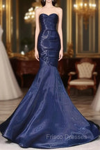 Mermaid Sweetheart Neck Water Satin Dark Blue Long Formal Prom Dress, Dark Blue Formal Dress