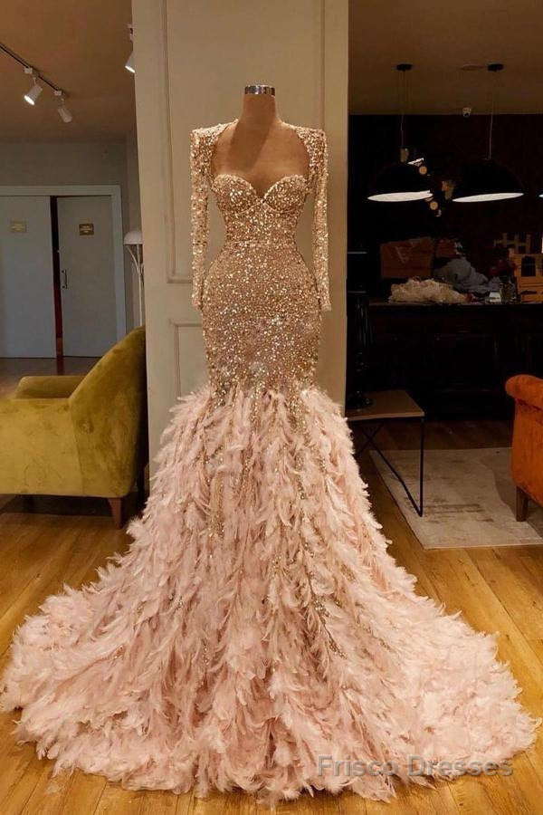 Mermaid Sweetheart Sequined Floor-length Long Sleeve With Feather Prom Dress Main image