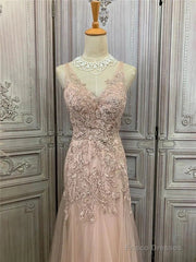 Mermaid / Trumpet Prom Dresses Maxi Dress Party Wear Sweep / Brush Train Sleeveless V Neck Tulle With Appliques
