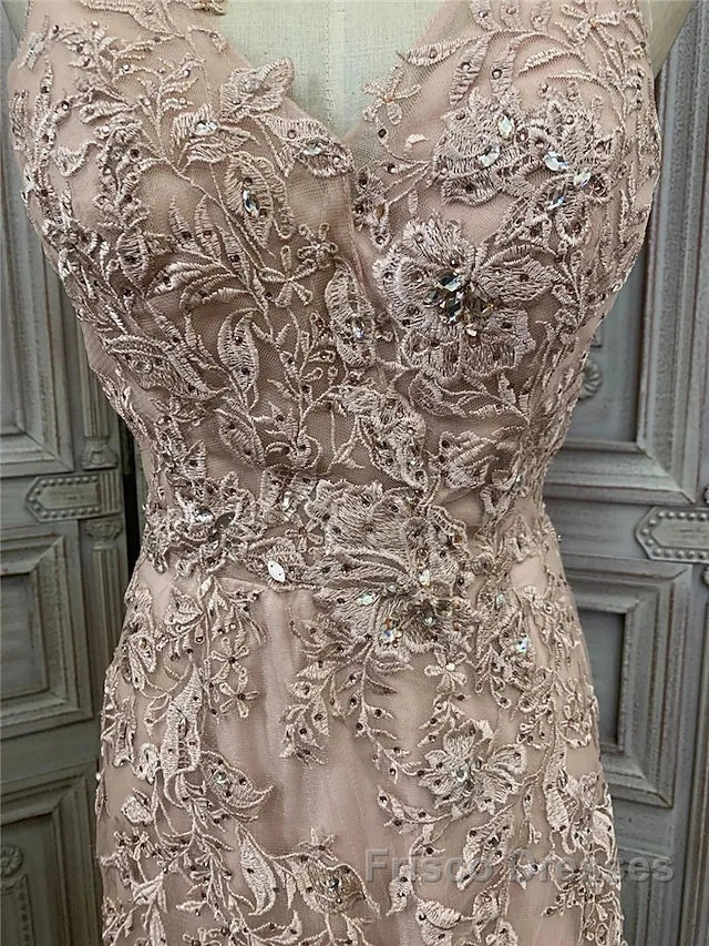 Mermaid / Trumpet Formal Prom Dress Maxi Dress Party Wear Sweep / Brush Train Sleeveless V Neck Tulle With Appliques