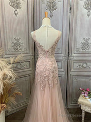 Mermaid / Trumpet Prom Dresses Maxi Dress Party Wear Sweep / Brush Train Sleeveless V Neck Tulle With Appliques