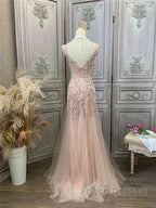 Mermaid / Trumpet Formal Prom Dress Maxi Dress Party Wear Sweep / Brush Train Sleeveless V Neck Tulle With Appliques
