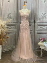 Mermaid / Trumpet Prom Dresses Maxi Dress Party Wear Sweep / Brush Train Sleeveless V Neck Tulle With Appliques