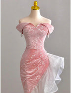 Mermaid / Trumpet Prom Dresses Party Dress Evening Party Floor Length Sleeveless Off Shoulder Tulle With Pearls Sequin