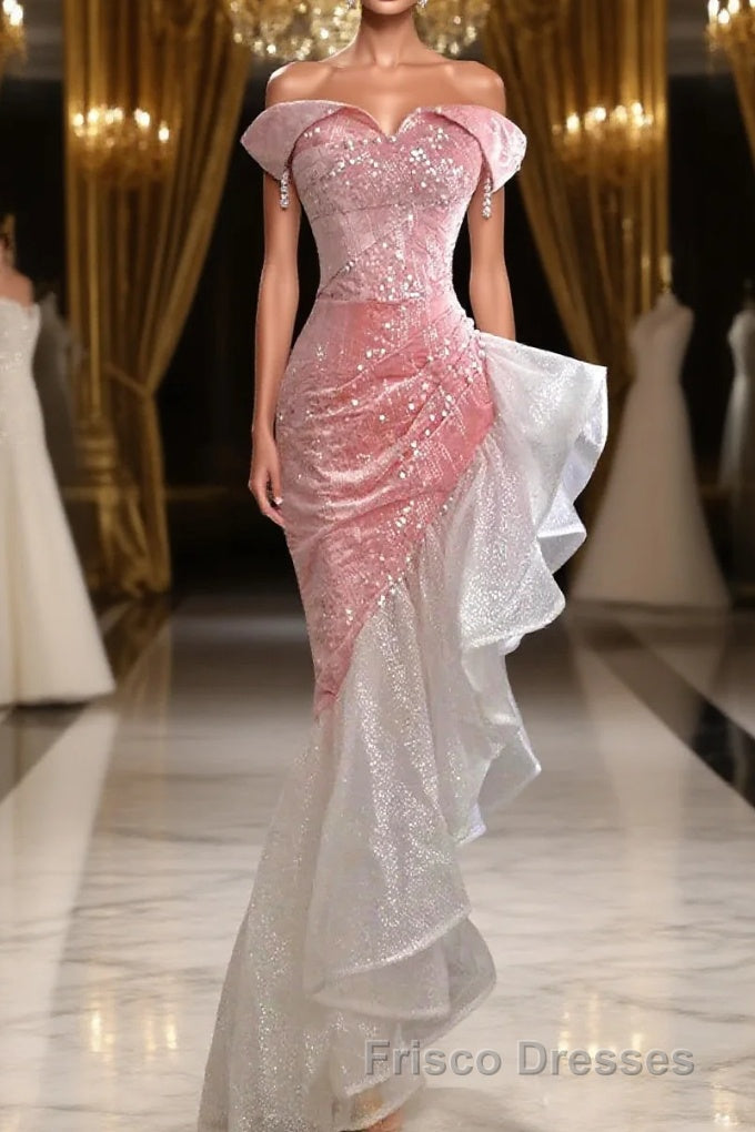 Mermaid / Trumpet Formal Prom Dress Party Dress Evening Party Floor Length Sleeveless Off Shoulder Tulle with Pearls Sequin Main image