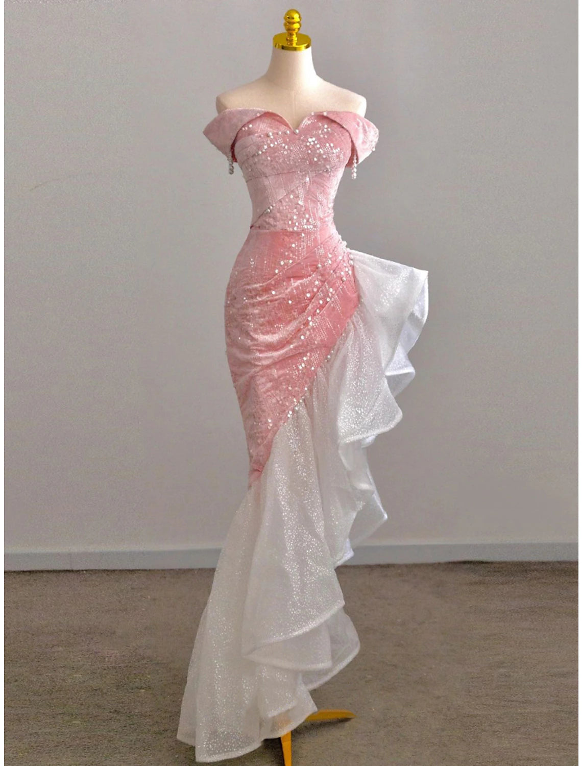 Mermaid / Trumpet Prom Dresses Party Dress Evening Party Floor Length Sleeveless Off Shoulder Tulle With Pearls Sequin Main image